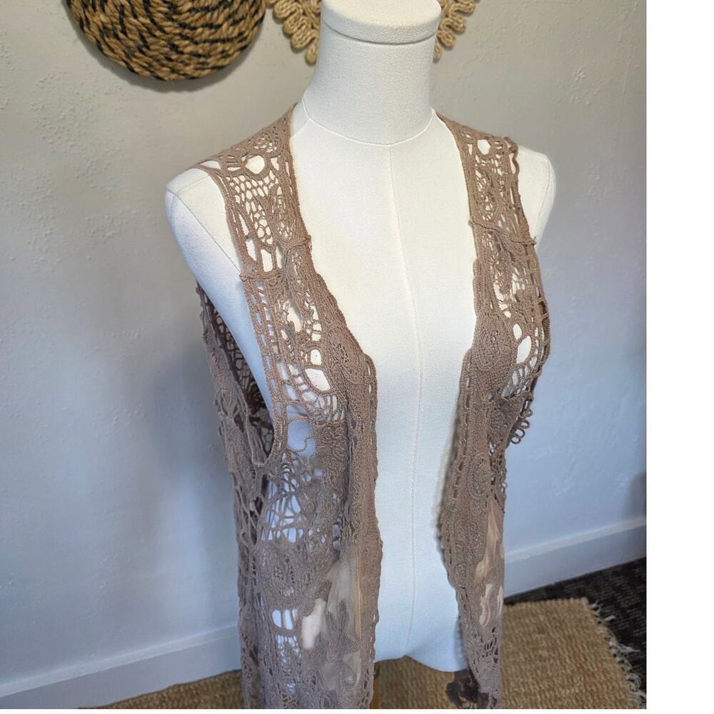 Jastie Mocha Beige Crochet Festival Asymmetrical Open Front Cardigan Womens OS - Picture 3 of 4